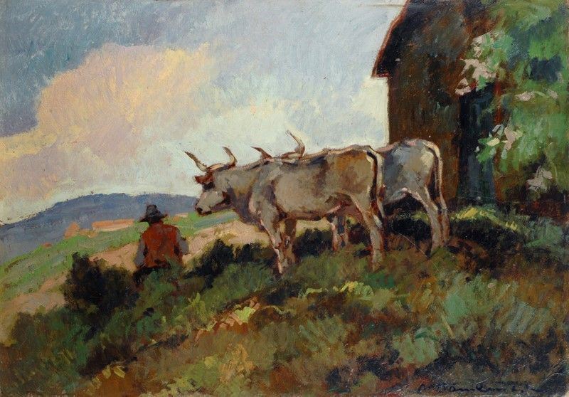 Carlo Domenici - Contadino con Buoi nel Paesaggio