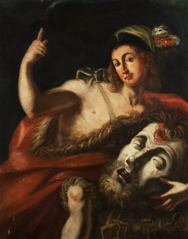 Scuola Fiamminga, XVII sec. : Davide con la testa di Golia  - Olio su tela - Asta ANTIQUARIATO - I - Galleria Pananti Casa d'Aste