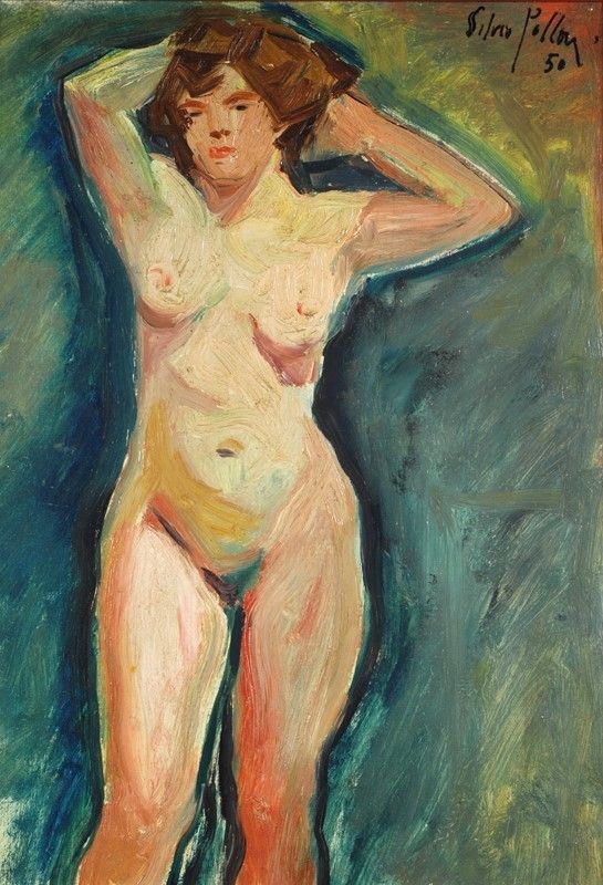 Silvio Polloni : Studio di nudo  (1950)  - Olio su compensato - Asta AUTORI DEL XIX E XX SEC - III - Galleria Pananti Casa d'Aste