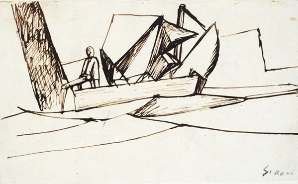 Mario Sironi : Barca e pescatore  ((1920))  - China su carta - Asta AUTORI DEL XIX E XX SEC - III - Galleria Pananti Casa d'Aste