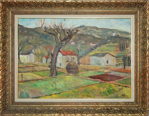 F. Drini : Paesaggio  (1943)  - Olio su faesite - Asta ARREDI E OGGETTISTICA - Galleria Pananti Casa d'Aste