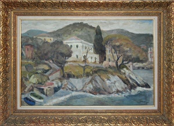 F. Drini : Paesaggio  (1945)  - Olio su faesite - Asta ARREDI E OGGETTISTICA - Galleria Pananti Casa d'Aste