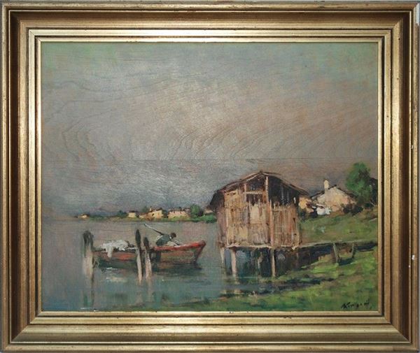 Anonimo, XX sec. : Paesaggio fluviale con barca  - Auction ARREDI E OGGETTISTICA - Galleria Pananti Casa d'Aste