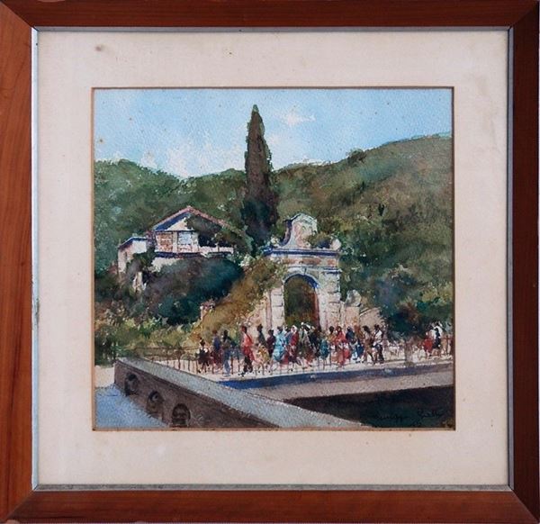 Giuseppe  Galli : Paesaggio con figure  (1946)  - Acquerello su carta - Asta ARREDI E OGGETTISTICA - Galleria Pananti Casa d'Aste