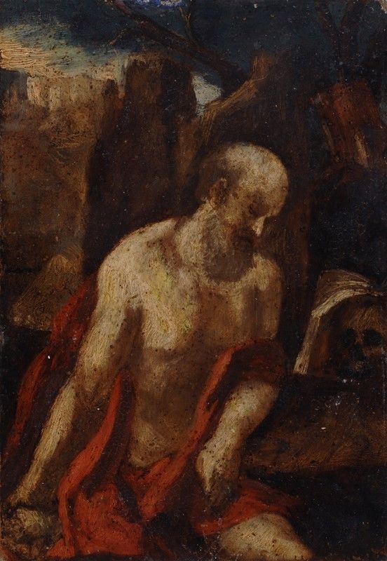 Anonimo, XVI sec. : San Gerolamo penitente  - Olio su rame - Asta La collezione d'arte di Vasco Pratolini - I - Galleria Pananti Casa d'Aste