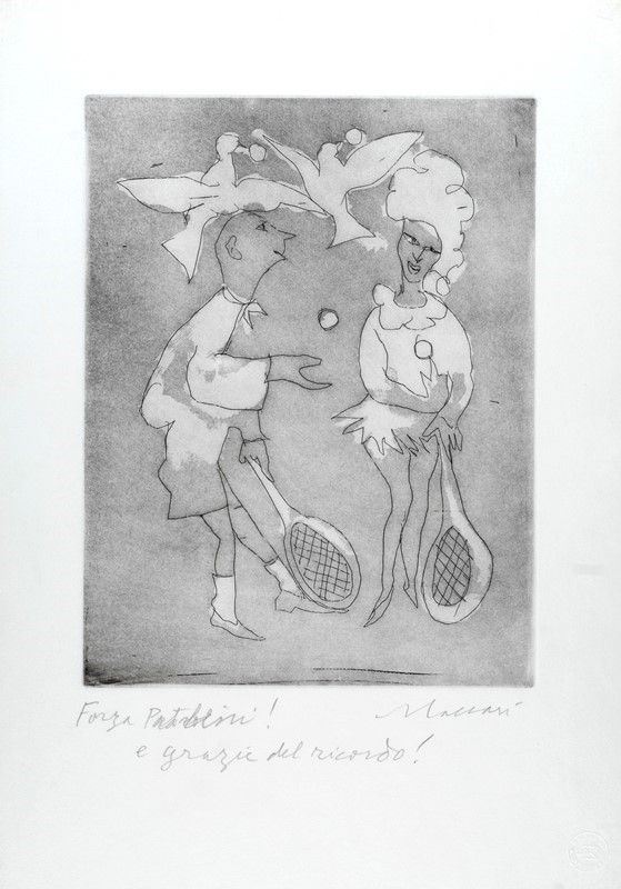 Mino Maccari : Tennisti  - Acquaforte acquatinta - Asta La collezione d'arte di Vasco Pratolini - I - Galleria Pananti Casa d'Aste