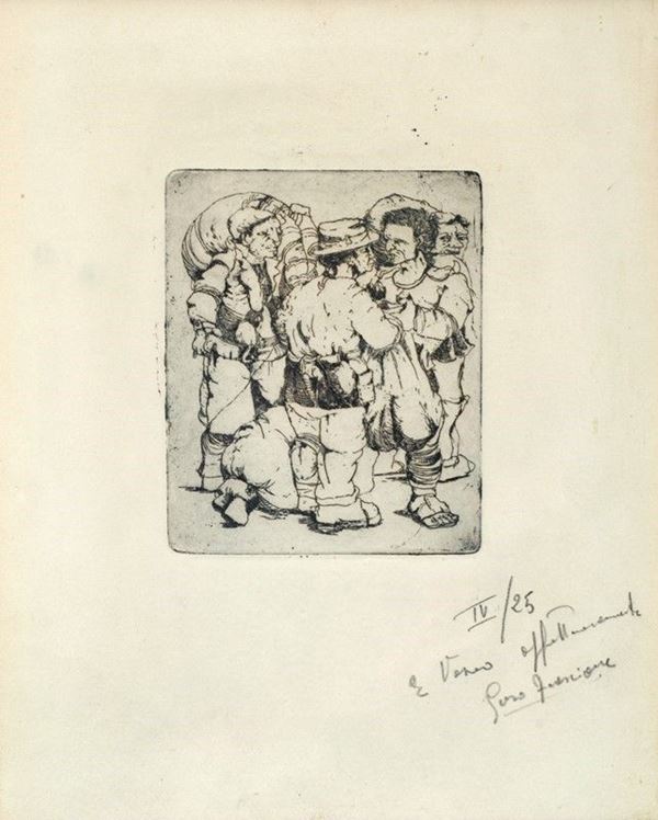Enzo Frascione : Contadini  - Acquaforte - Asta La collezione d'arte di Vasco Pratolini - I - Galleria Pananti Casa d'Aste