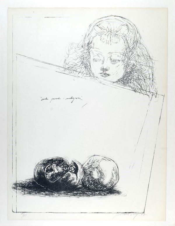 Piero Guccione : Paola guarda i melograni  (1968)  - Litografia - Asta La collezione d'arte di Vasco Pratolini - I - Galleria Pananti Casa d'Aste