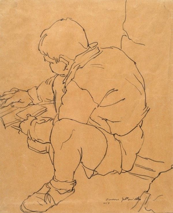 Vincenzo Gaetaniello : Bambino con libro  (1956)  - Matita su carta - Asta La collezione d'arte di Vasco Pratolini - I - Galleria Pananti Casa d'Aste