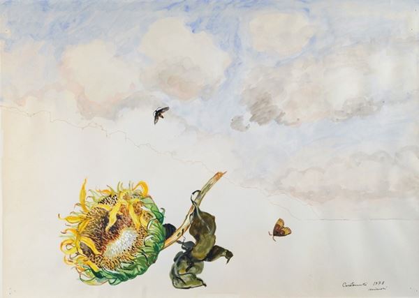 Mario Carotenuto : Girasole e farfalline  (1978)  - Acquerello su carta - Asta La collezione d'arte di Vasco Pratolini - I - Galleria Pananti Casa d'Aste