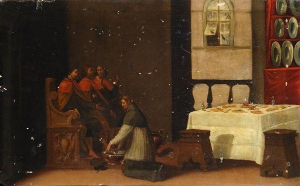 Cerchia di Jacopo Chimenti, detto l'Empoli - Santo accoglie pellegrini con la lavanda dei piedi