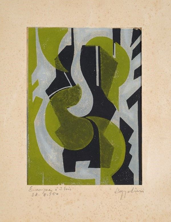 Silvano Bozzolini : Composizione  (1950)  - Xilografia a tre legni - Asta La collezione d'arte di Vasco Pratolini - I - Galleria Pananti Casa d'Aste