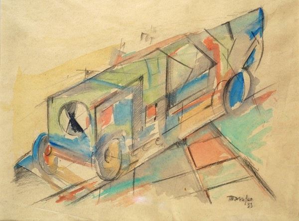 Antonio Marasco : La locomotiva  (1933)  - Matita e acquerello su carta - Asta AUTORI DEL XIX E XX SEC - III - Galleria Pananti Casa d'Aste