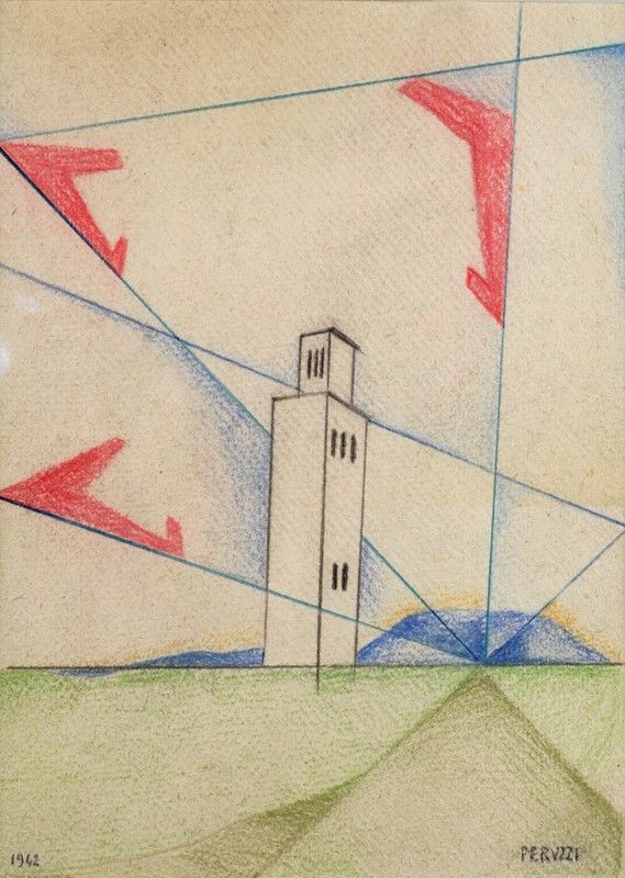 Osvaldo Peruzzi : Torre  (1942)  - Matite e pastelli su carta - Asta AUTORI DEL XIX E XX SEC, ARTE MODERNA E CONTEMPORANEA - Galleria Pananti Casa d'Aste