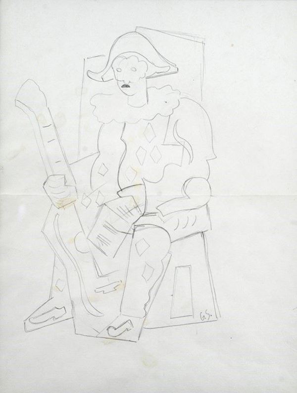 Gino Severini - Arlecchino seduto con chitarra e spartito
