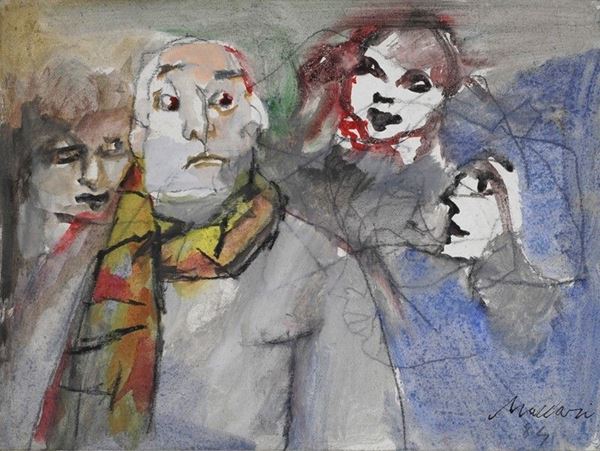 Mino Maccari : Figure  (1984)  - Pastelli e acquerello su cartone telato - Asta Arte Moderna e Contemporanea - Galleria Pananti Casa d'Aste