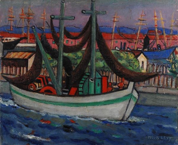 Moses Levy : Barca  (1949)  - Olio su cartone - Asta AUTORI DEL XIX E XX SEC, ARTE MODERNA E CONTEMPORANEA - Galleria Pananti Casa d'Aste