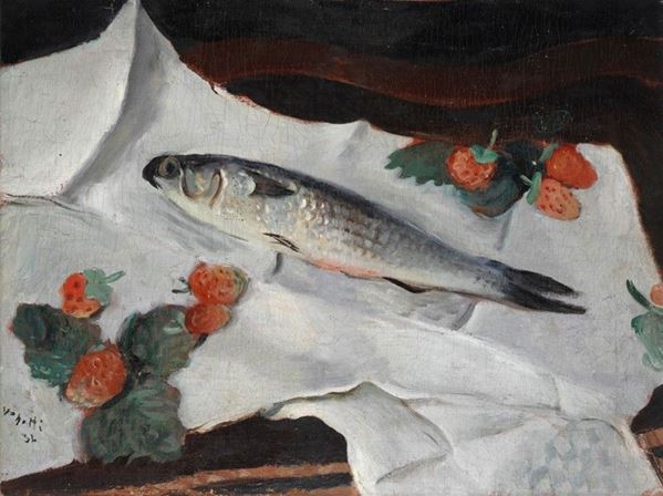 Gianni Vagnetti : Pesce e fragole  (1932)  - Olio su tela - Asta AUTORI DEL XIX E XX SEC - III - Galleria Pananti Casa d'Aste
