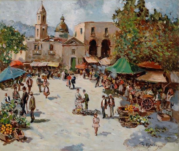 Gustavo Pisani : Piazza del mercato  - Olio su tavola - Asta AUTORI DEL XIX E XX  [..]