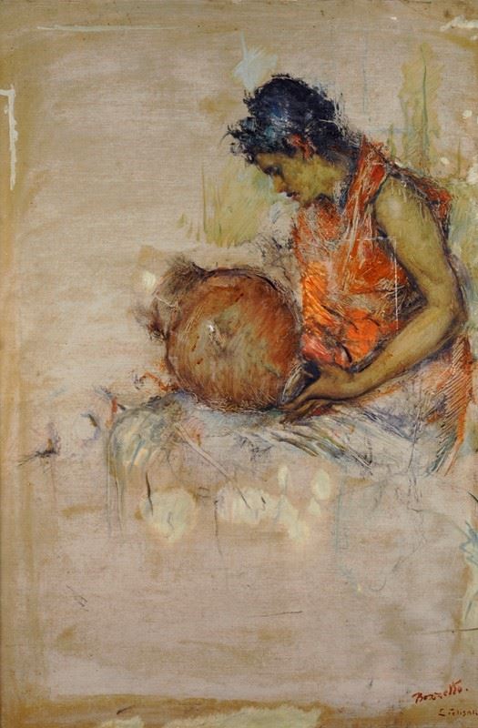 Enrico Felisari : Man with jar (sketch)  (1962)  - Oil painting on canvas - Auction  [..]
