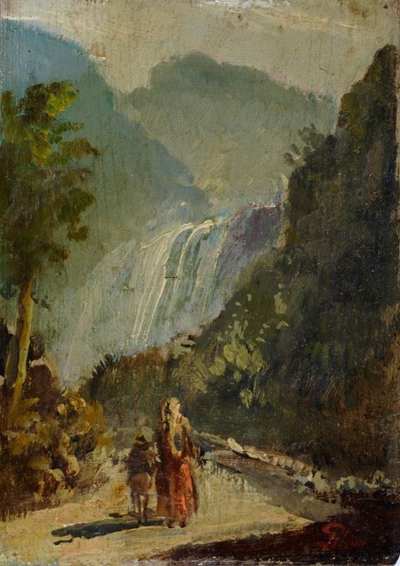 Antonio Sminck Pitloo - Paesaggio con cascata e figure