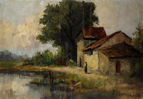 Arturo Ferrari - Farmhouse on the canal with peasant woman