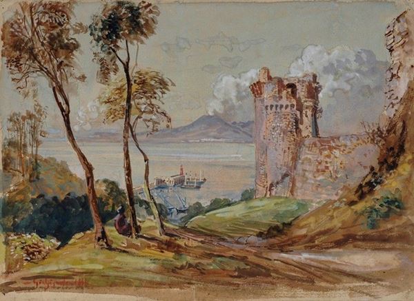 Giacinto Gigante - Paesaggio con scorcio del Vesuvio in eruzione