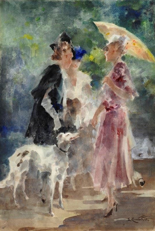 Ludovico Zambeletti : Ladies in conversation with dogs  - Watercolor on paper - Auction ANTIQUES, AUTHORS OF XIX AND XX CENTURY - I - Galleria Pananti Casa d'Aste