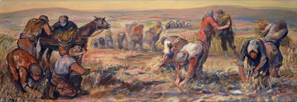 Salvatore Jemolo : Grain harvest  - Tempera on canvas - Auction AUTHORS OF XIX AND  [..]