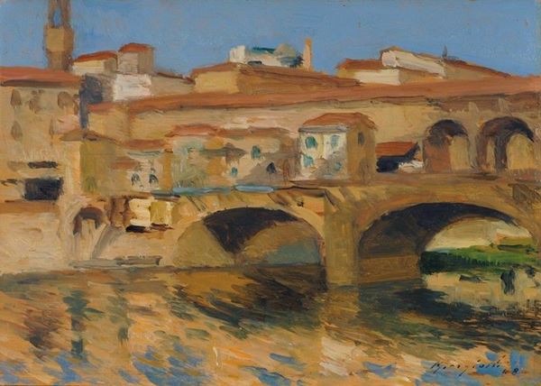 Mario Borgiotti : Il Ponte Vecchio  (1968)  - Olio su tavola - Asta AUTORI DEL XIX E XX SEC - III - Galleria Pananti Casa d'Aste