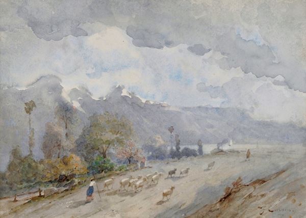 Filippo Carcano : Mountain landscape with shepherdess and flock  - Watercolor on paper - Auction ANTIQUES, AUTHORS OF XIX AND XX CENTURY - I - Galleria Pananti Casa d'Aste