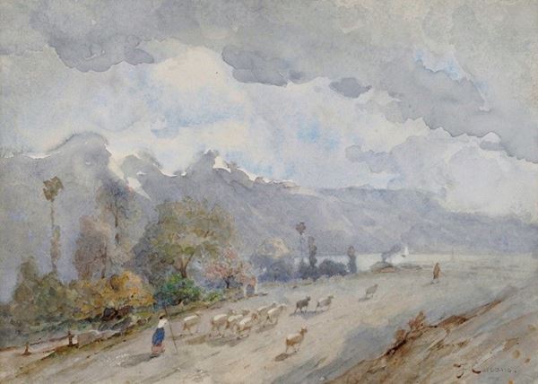 Filippo Carcano - Paesaggio montano con pastorella e gregge