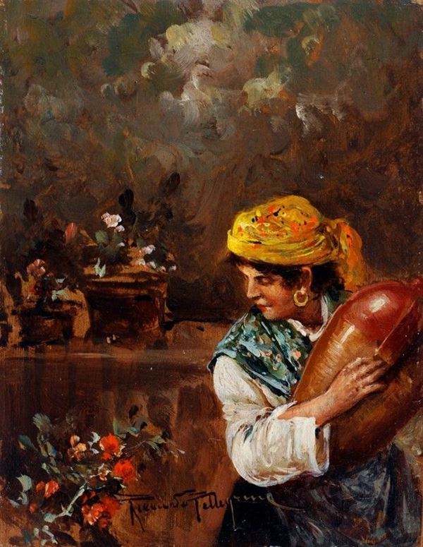 Riccardo Pellegrini : Donna con giara (La spagnola)  - Olio su tavola - Asta ANTIQUARIATO, AUTORI DEL XIX E XX SEC - I - Galleria Pananti Casa d'Aste