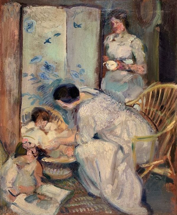 Armando Spadini : Family scene  - Oil painting on canvas - Auction Modern and Contemporary art - II - Galleria Pananti Casa d'Aste