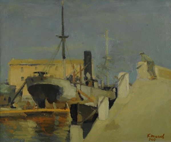 Giovanni March : Barcone in porto  (1946)  - Olio su tela - Asta AUTORI DEL XIX E XX SEC - III - Galleria Pananti Casa d'Aste