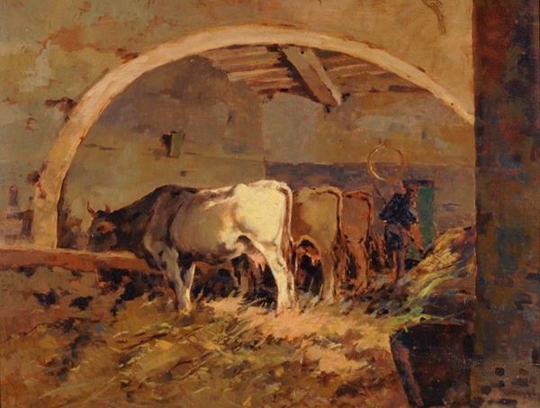 Carlo Domenici : Buoi nella stalla  - Auction AUTORI DEL XIX E XX SEC, ARTE MODERNA E CONTEMPORANEA - Galleria Pananti Casa d'Aste