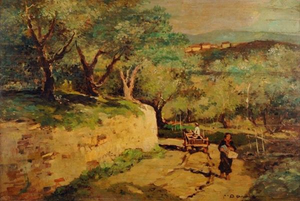 Carlo Domenici - Strada di campagna con carretto e figure