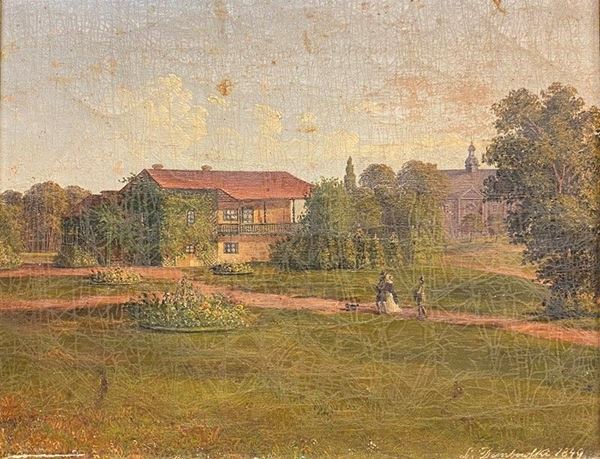 Anonimo, XIX sec. - Giardino con villa e figure