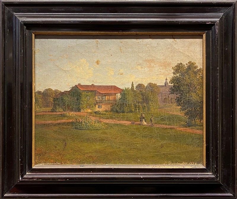 Anonimo, XIX Sec. - Giardino con Villa e Figure