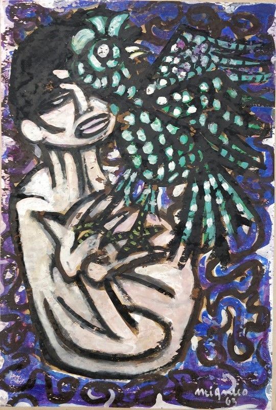 Giuseppe Migneco : Donna con gallo  - Auction AUTORI DEL XIX E XX SEC, ARTE MODERNA E CONTEMPORANEA - Galleria Pananti Casa d'Aste
