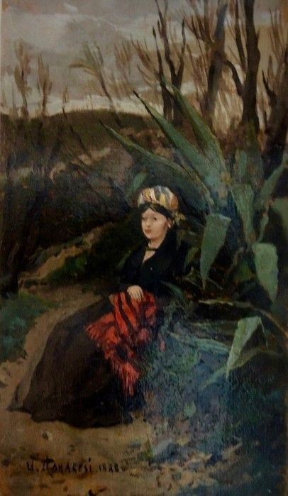 Ugo Manaresi : Ritratto in giadino  (1888)  - Olio su tavola - Asta AUTORI DEL XIX E XX SEC, ARTE MODERNA E CONTEMPORANEA - Galleria Pananti Casa d'Aste