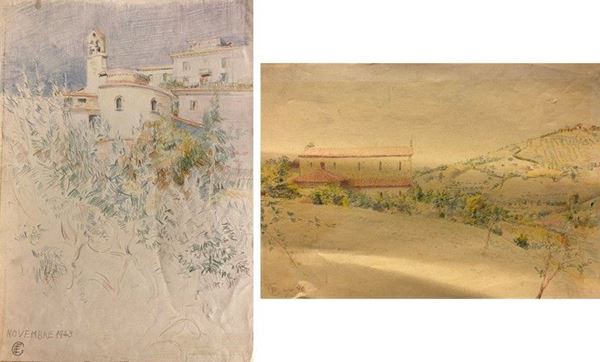 Anonimo, XX sec. : Coppia di paesaggi  (1949 e 1946)  - Matite colorate su carta - Asta ANTIQUARIATO - Galleria Pananti Casa d'Aste