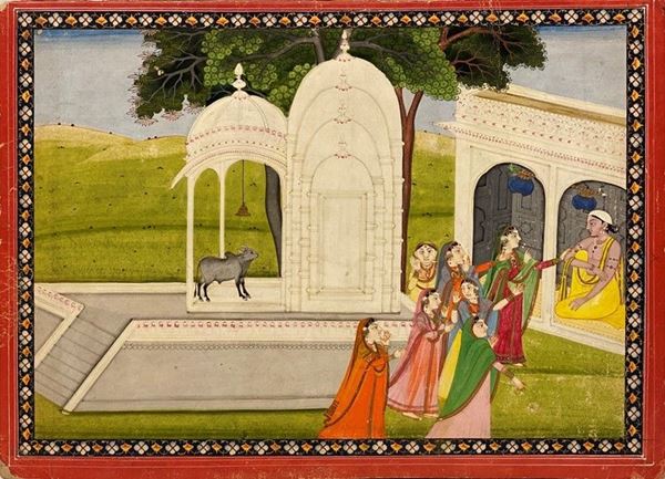 Krishna seduto fuori dal tempio di Shiva incontra un gruppo di donne 