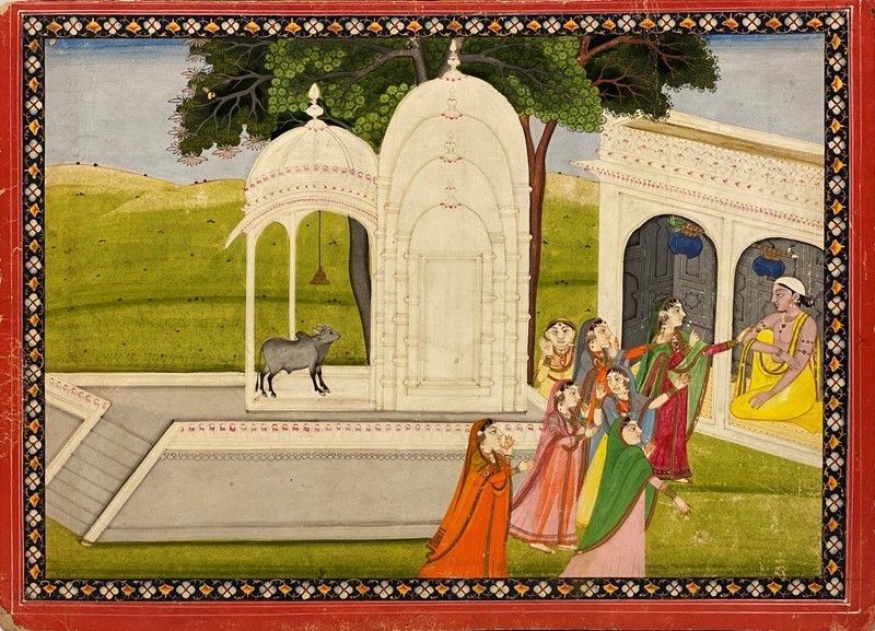 Krishna Seduto Fuori dal Tempio di Shiva Incontra un Gruppo di Donne