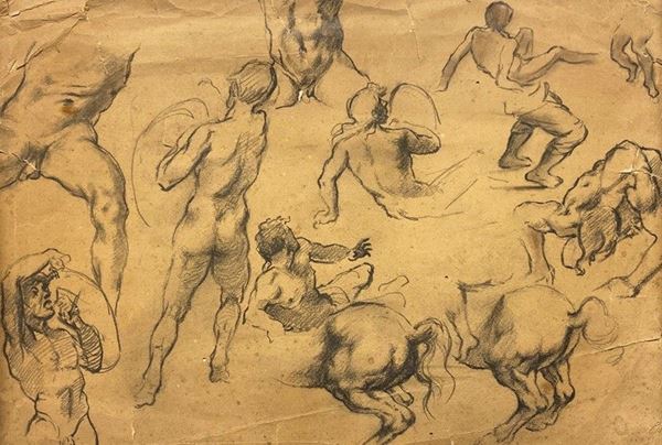 Anonimo, XIX sec. - Schizzi di nudi e cavalli