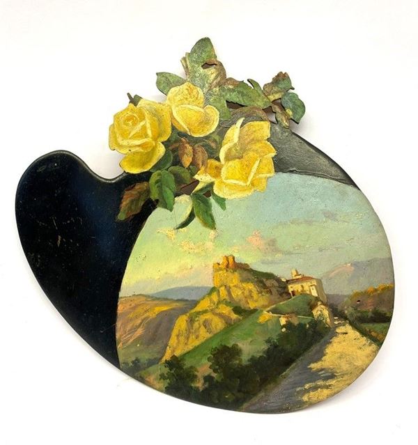 Anonimo, XIX sec. - Veduta di Modigliana e rose