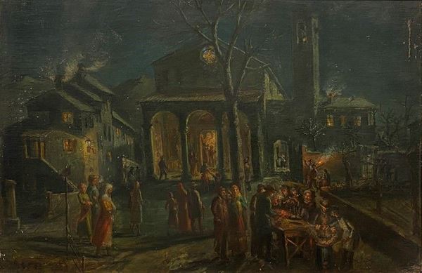 Anonimo, XIX - XX sec. - Fiera di paese in notturno