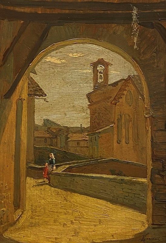 Anonimo, XIX - XX sec. - Scorcio di paese dal sott'arco