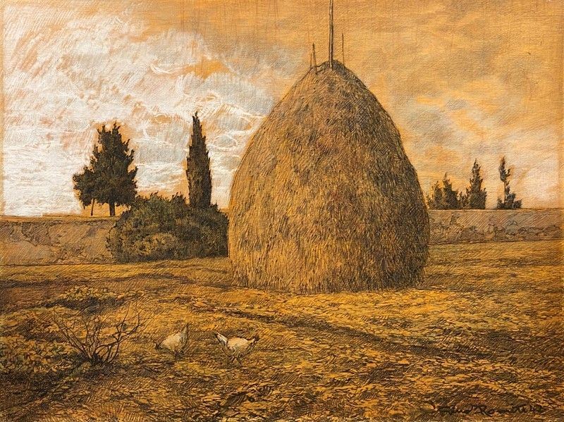 Gino Romiti - Paesaggio con Pagliaio e Galline