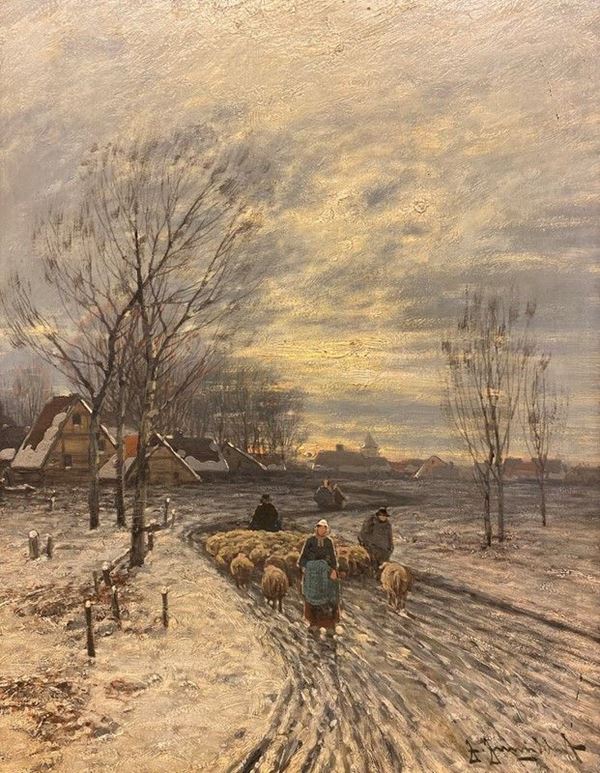 Anonimo, XX sec. - Paesaggio innevato con gregge e pastori